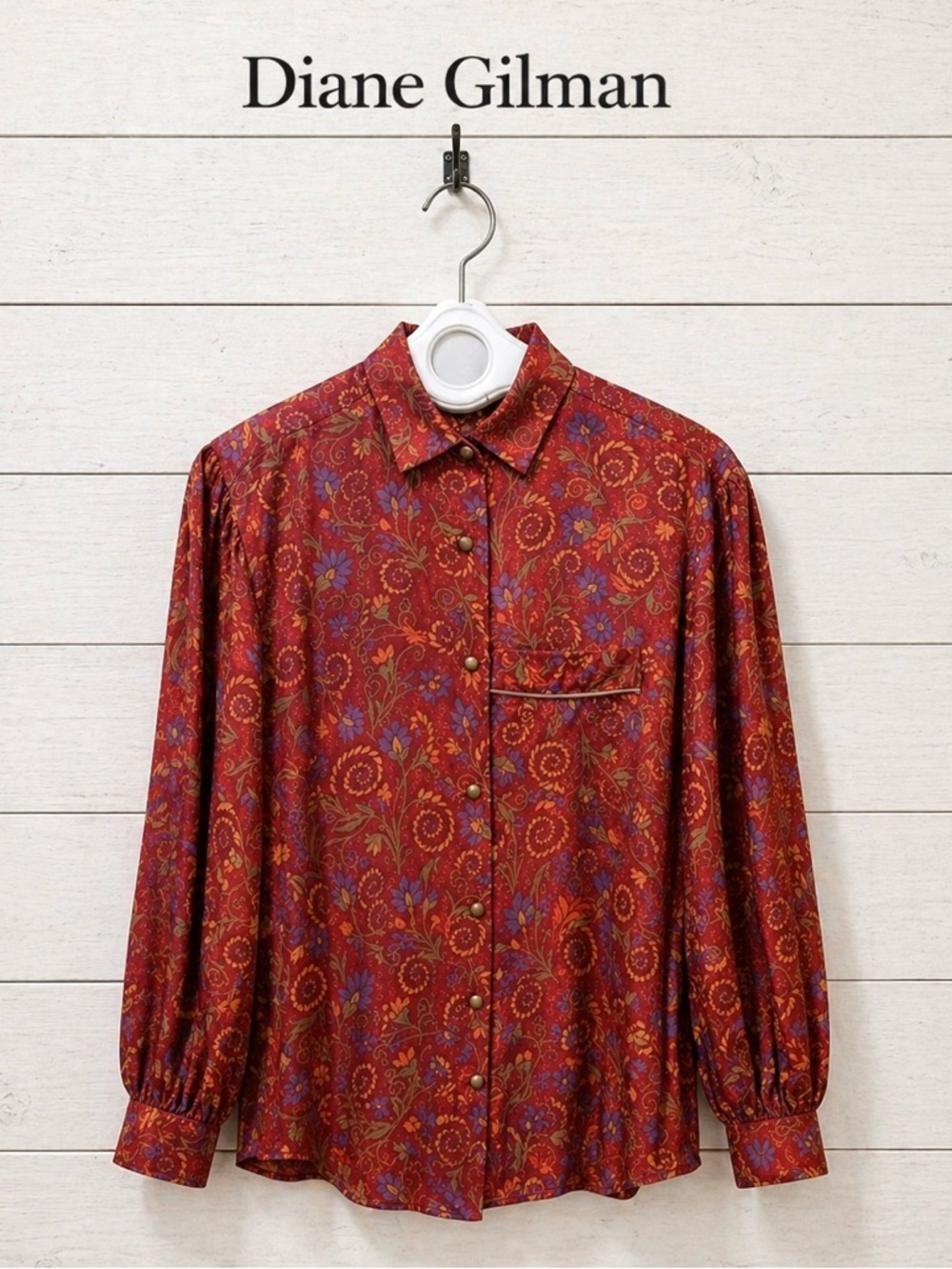 DIANE GILMAN Red Floral Silk Blouse – Size 8